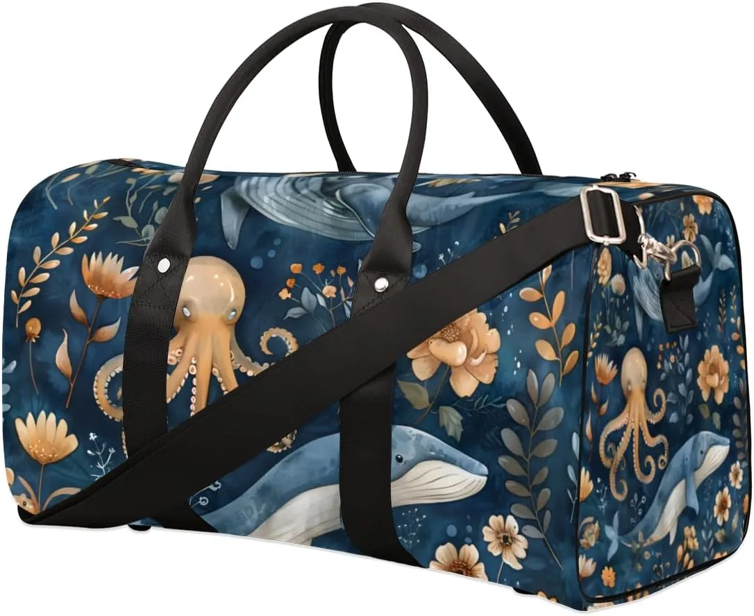 Whale Octopus Travel Duffle Bag for Women Men Gym Duffel Foldable Bag Waterproof Weekender Underwater World Duffle Tote