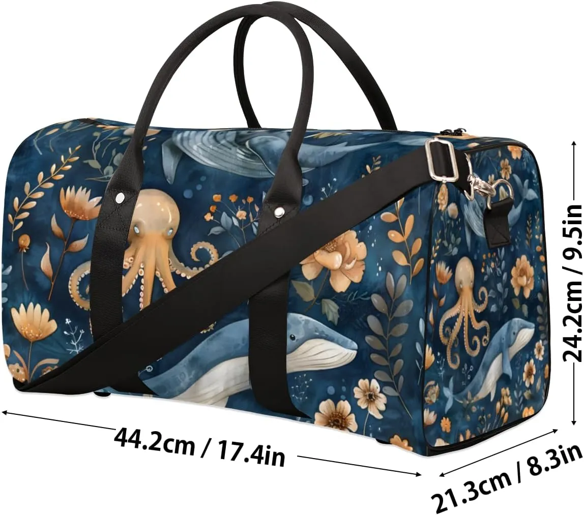 Whale Octopus Travel Duffle Bag for Women Men Gym Duffel Foldable Bag Waterproof Weekender Underwater World Duffle Tote