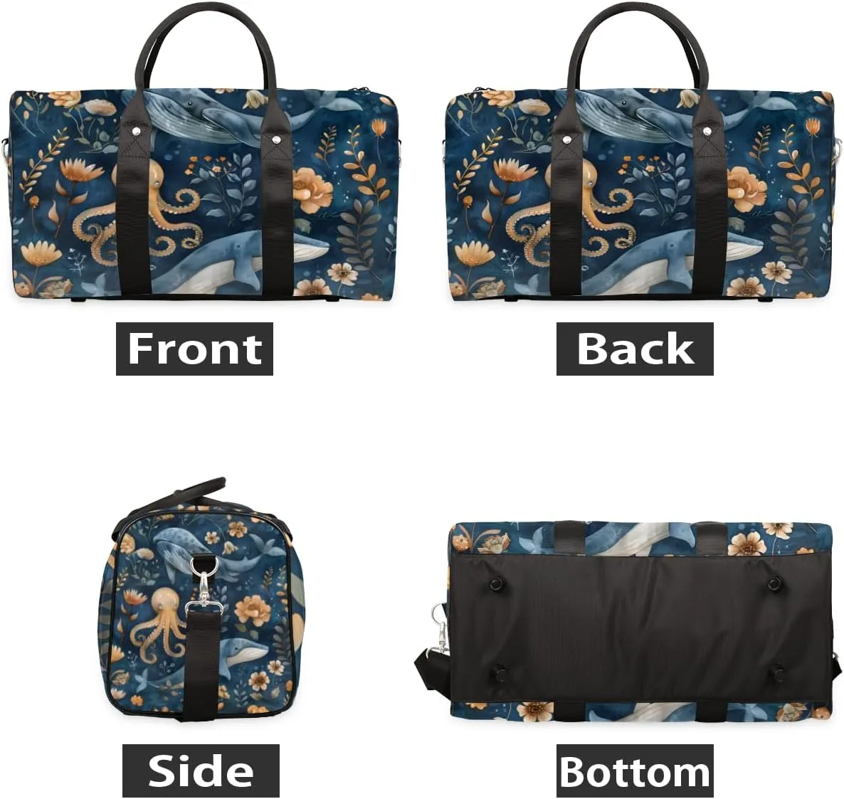 Whale Octopus Travel Duffle Bag for Women Men Gym Duffel Foldable Bag Waterproof Weekender Underwater World Duffle Tote