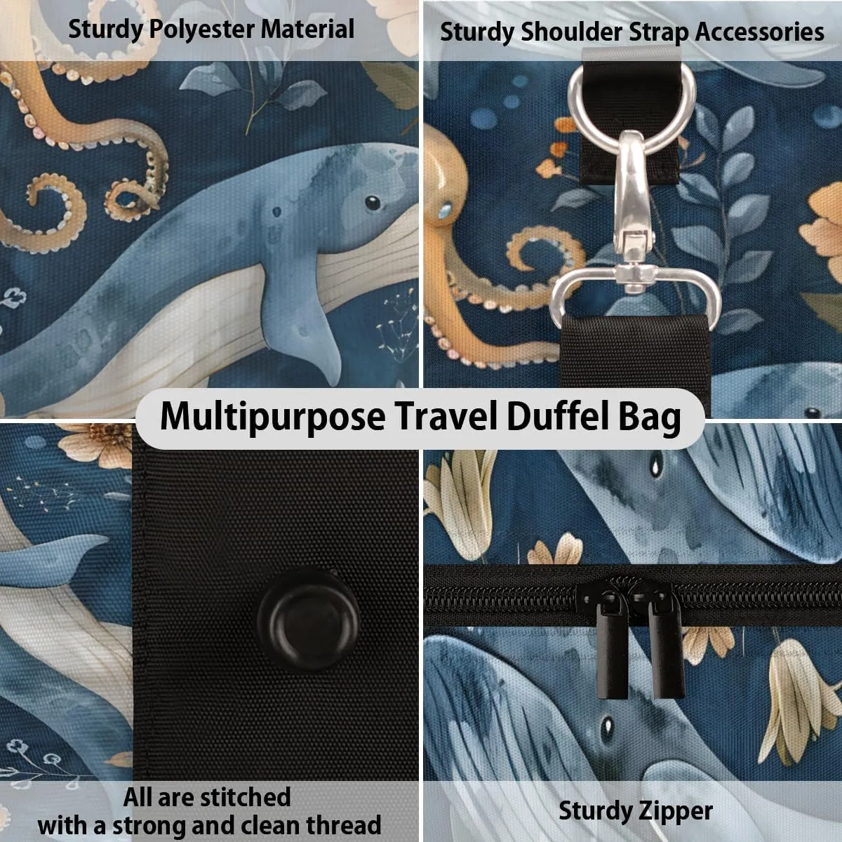 Whale Octopus Travel Duffle Bag for Women Men Gym Duffel Foldable Bag Waterproof Weekender Underwater World Duffle Tote