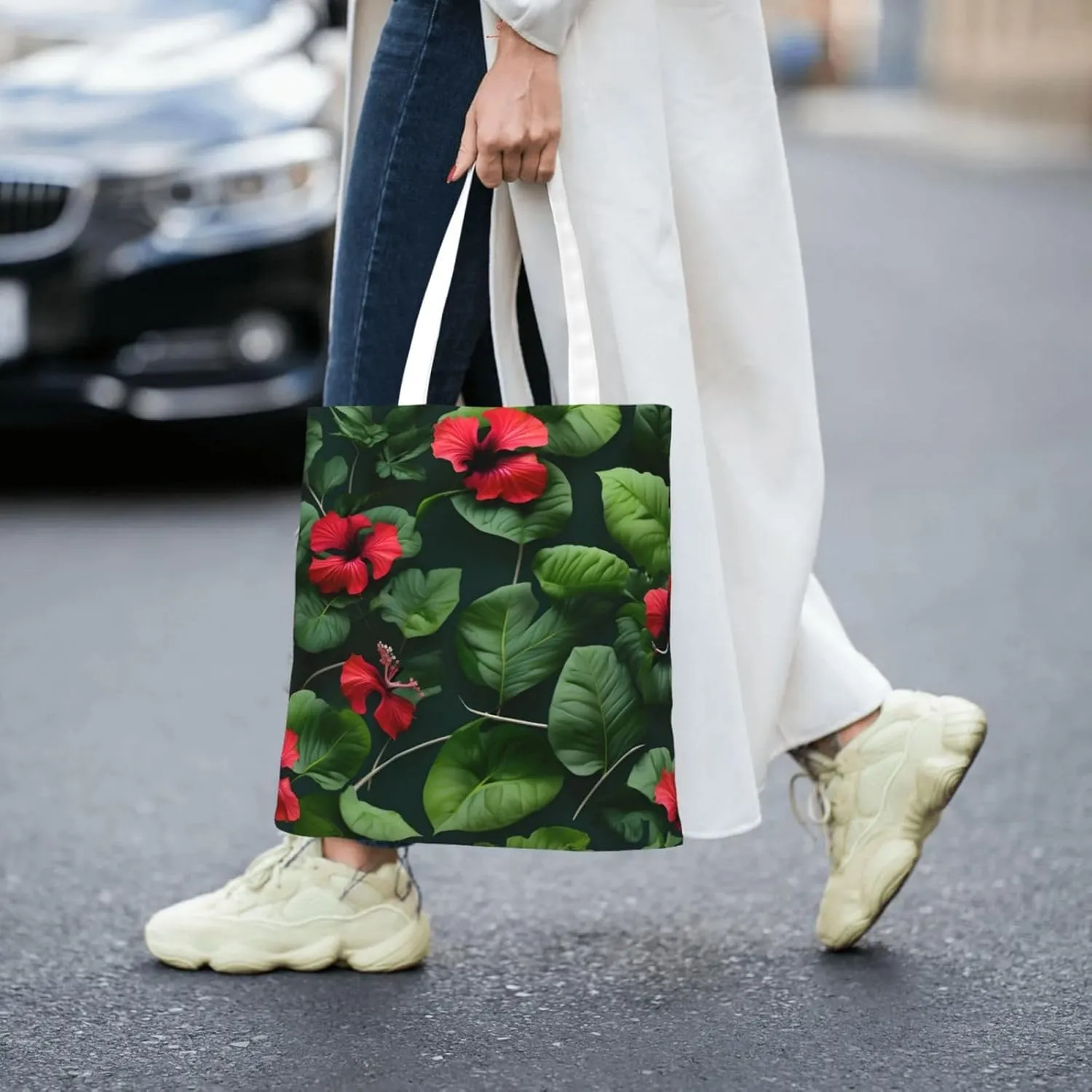 White Blue Daisy Canvas Tote Bags For Women Handbag Tote Purse,Canvas Crossbody Bag For Office, Travel, School