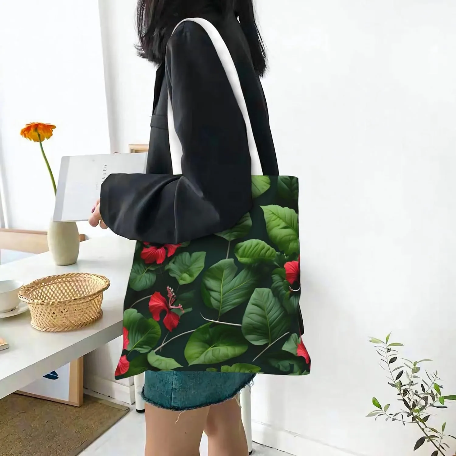 White Blue Daisy Canvas Tote Bags For Women Handbag Tote Purse,Canvas Crossbody Bag For Office, Travel, School