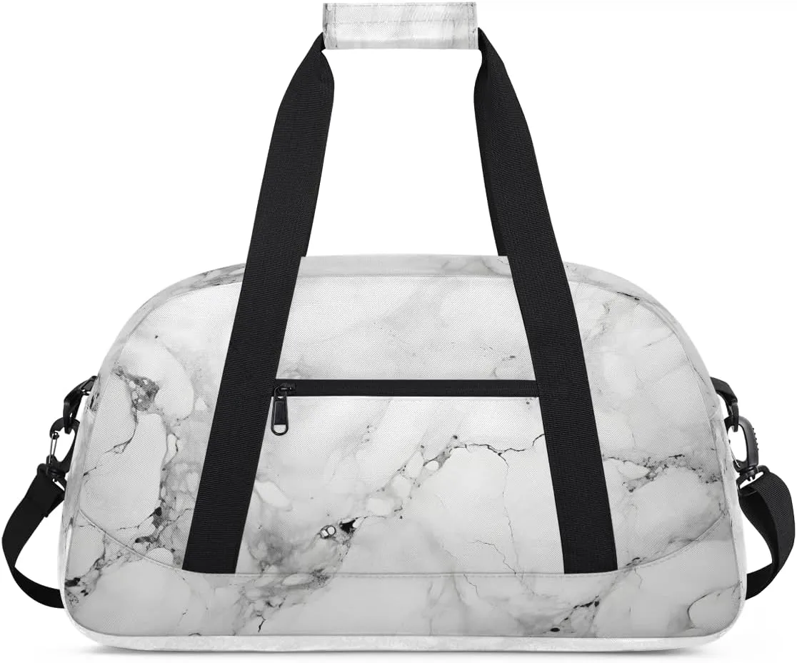 White Marble Kids Overnighter Duffel Bags for Boys, Carry-On Size Sports Gym Bag with Front Zipper Pocket for School Practice or Overnight Travel Weekender Sleepover Tote Bag