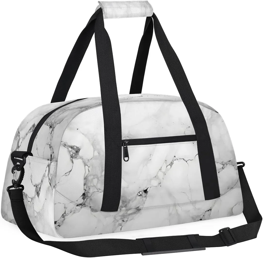 White Marble Kids Overnighter Duffel Bags for Boys, Carry-On Size Sports Gym Bag with Front Zipper Pocket for School Practice or Overnight Travel Weekender Sleepover Tote Bag