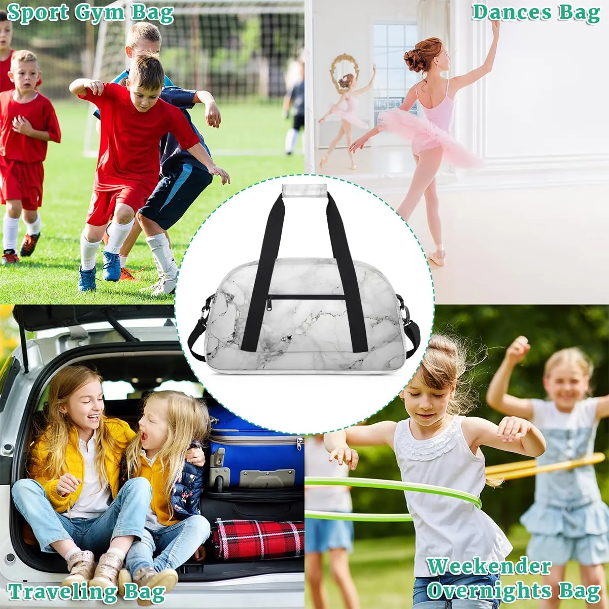 White Marble Kids Overnighter Duffel Bags for Boys, Carry-On Size Sports Gym Bag with Front Zipper Pocket for School Practice or Overnight Travel Weekender Sleepover Tote Bag