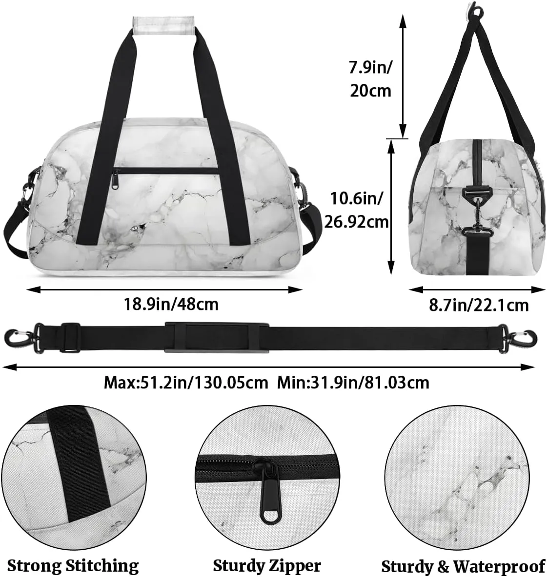 White Marble Kids Overnighter Duffel Bags for Boys, Carry-On Size Sports Gym Bag with Front Zipper Pocket for School Practice or Overnight Travel Weekender Sleepover Tote Bag