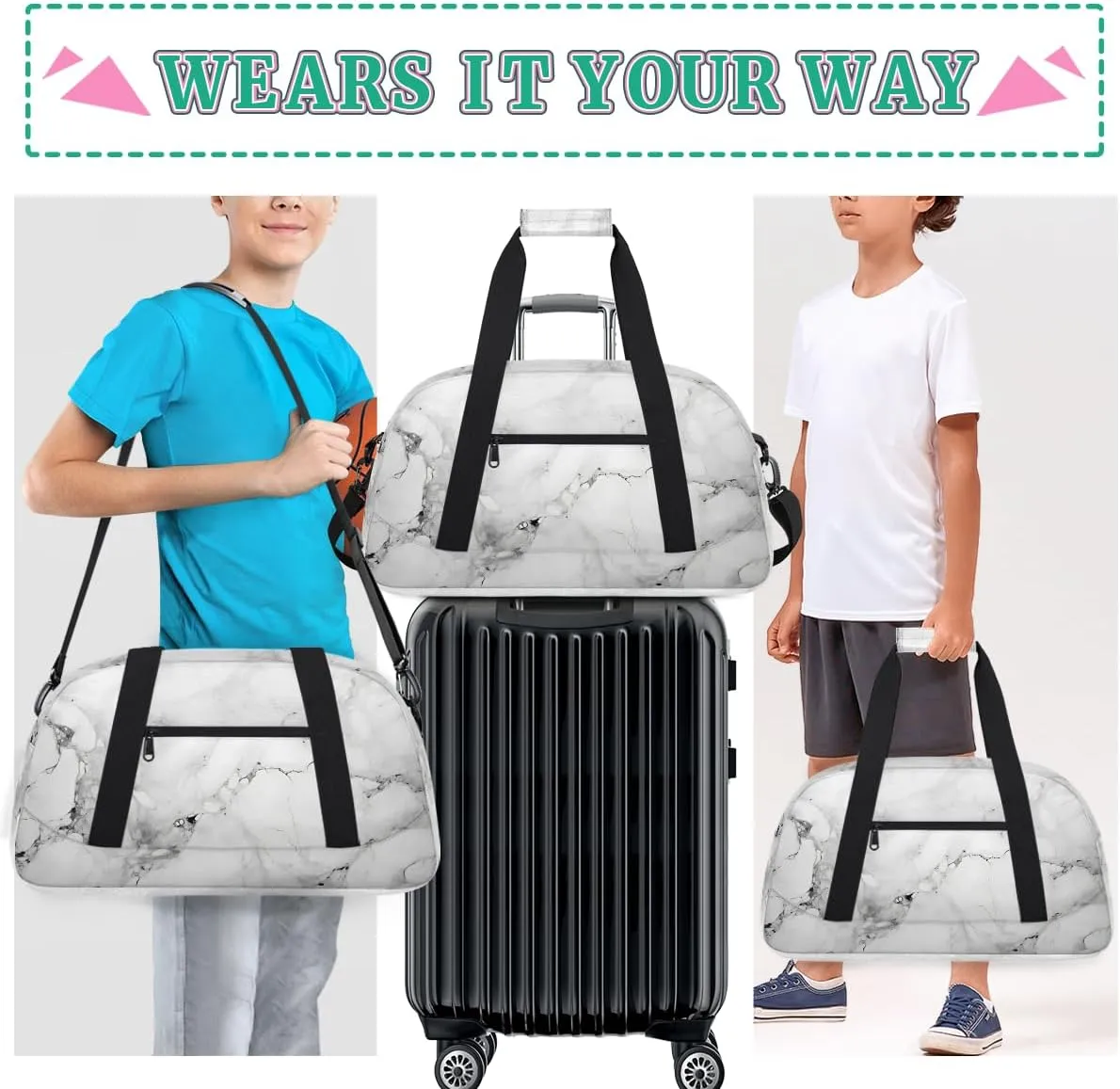 White Marble Kids Overnighter Duffel Bags for Boys, Carry-On Size Sports Gym Bag with Front Zipper Pocket for School Practice or Overnight Travel Weekender Sleepover Tote Bag