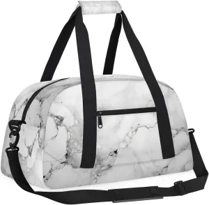White Marble Kids Overnighter Duffel Bags for Boys, Carry-On Size Sports Gym Bag with Front Zipper Pocket for School Practice or Overnight Travel Weekender Sleepover Tote Bag