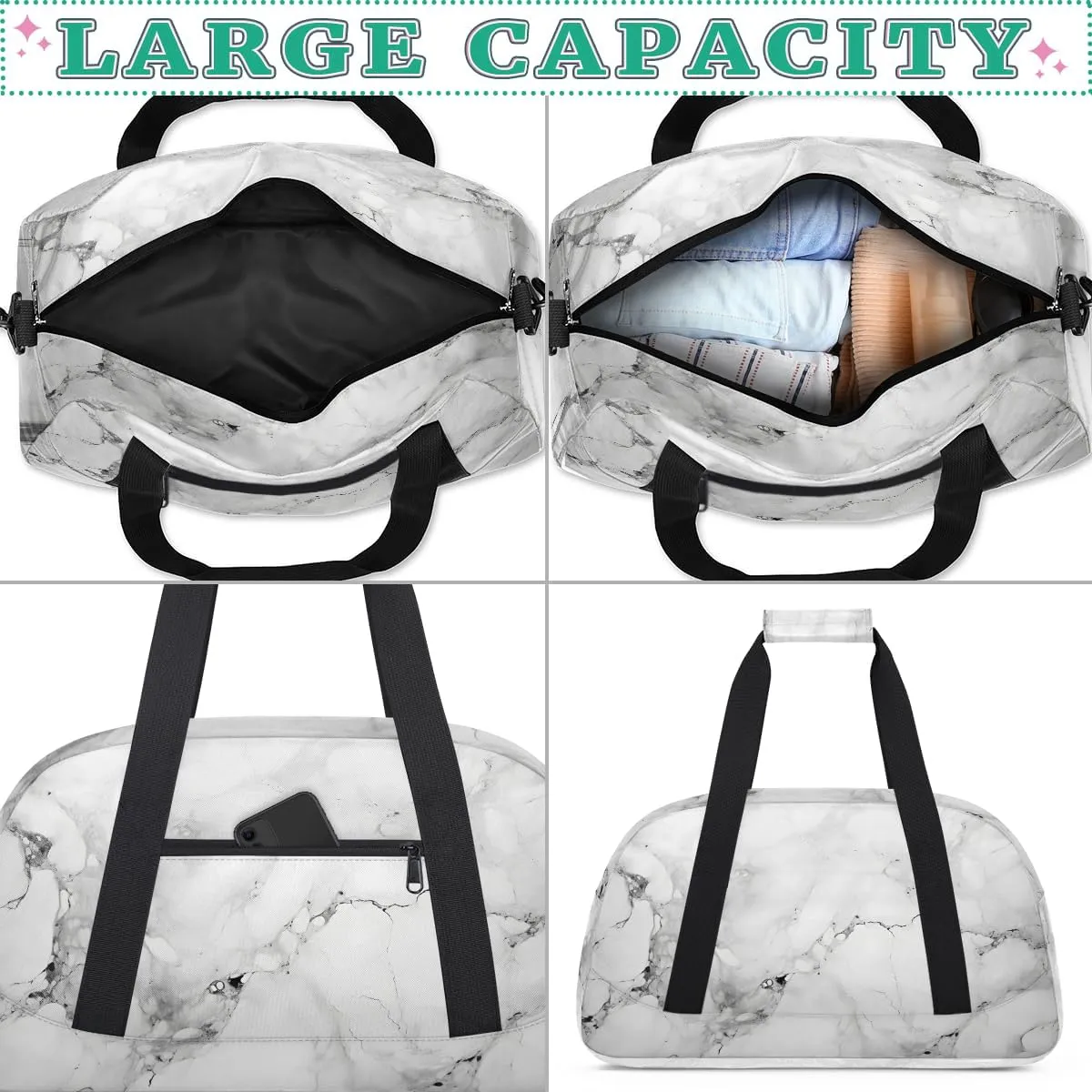 White Marble Kids Overnighter Duffel Bags for Boys, Carry-On Size Sports Gym Bag with Front Zipper Pocket for School Practice or Overnight Travel Weekender Sleepover Tote Bag