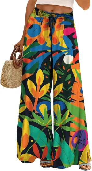 Wide Leg Pants for Women High Waist Stretch Palazzo Pants Loose Casual Summer Boho Flowy Lounge Trousers with Pockets