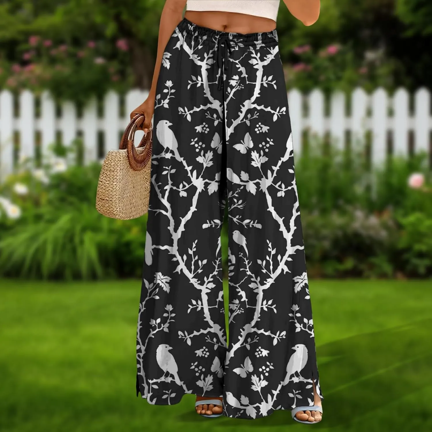 Wide Leg Pants for Women High Waist Stretch Palazzo Pants Loose Casual Summer Boho Flowy Lounge Trousers with Pockets