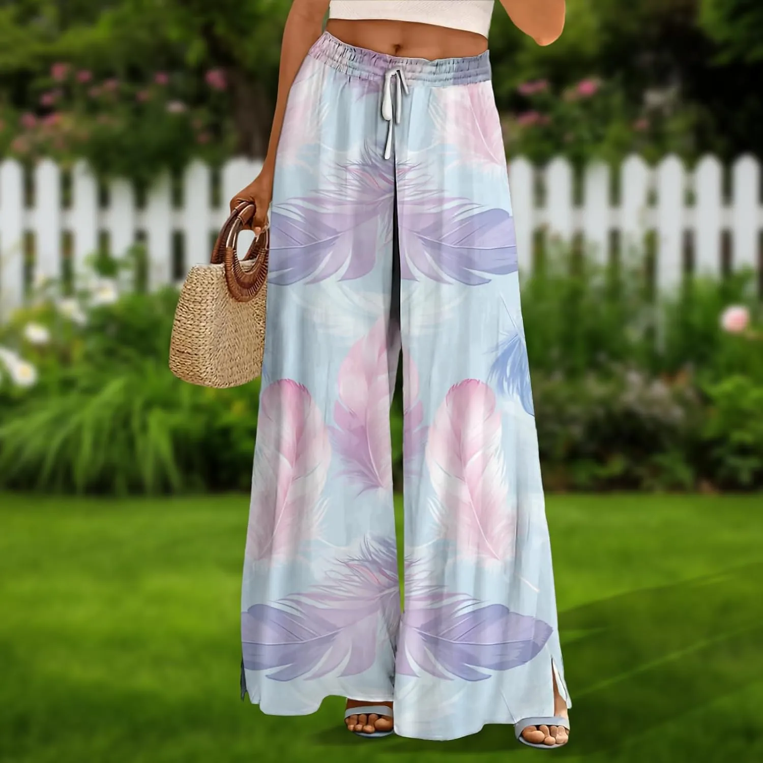 Wide Leg Pants for Women High Waist Stretch Palazzo Pants Loose Casual Summer Boho Flowy Lounge Trousers with Pockets