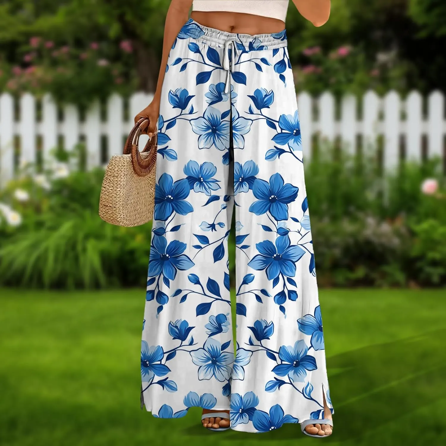 Wide Leg Pants for Women High Waist Stretch Palazzo Pants Loose Casual Summer Boho Flowy Lounge Trousers with Pockets