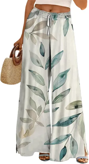 Wide Leg Pants for Women High Waist Stretch Palazzo Pants Loose Casual Summer Boho Flowy Lounge Trousers with Pockets