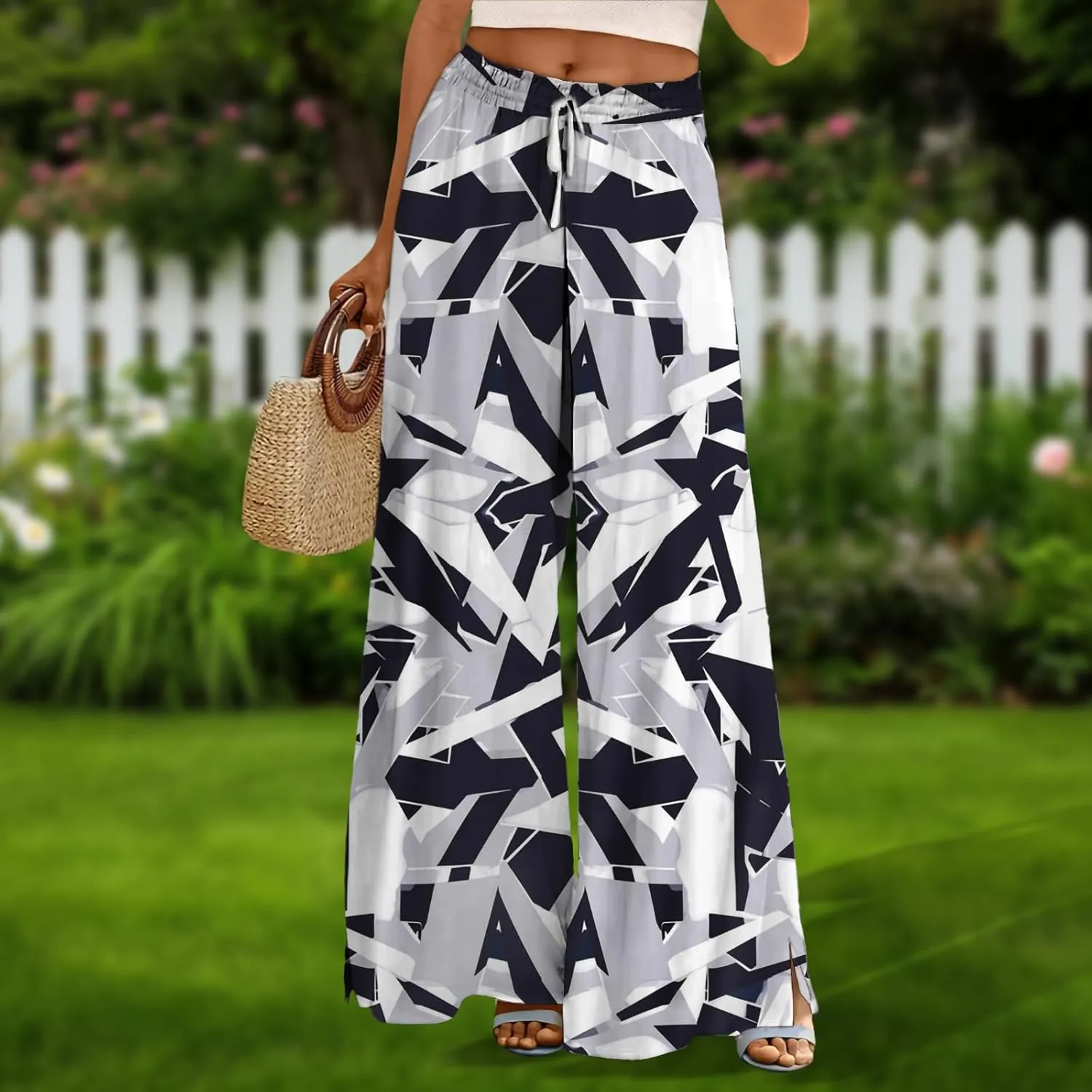 Wide Leg Pants for Women High Waist Stretch Palazzo Pants Loose Casual Summer Boho Flowy Lounge Trousers with Pockets