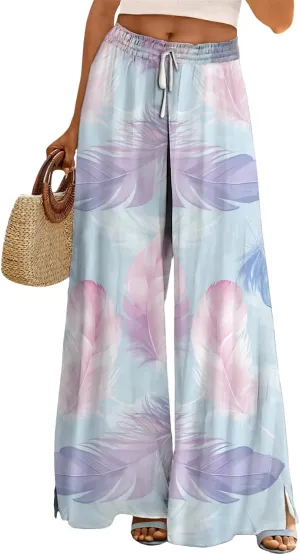Wide Leg Pants for Women High Waist Stretch Palazzo Pants Loose Casual Summer Boho Flowy Lounge Trousers with Pockets