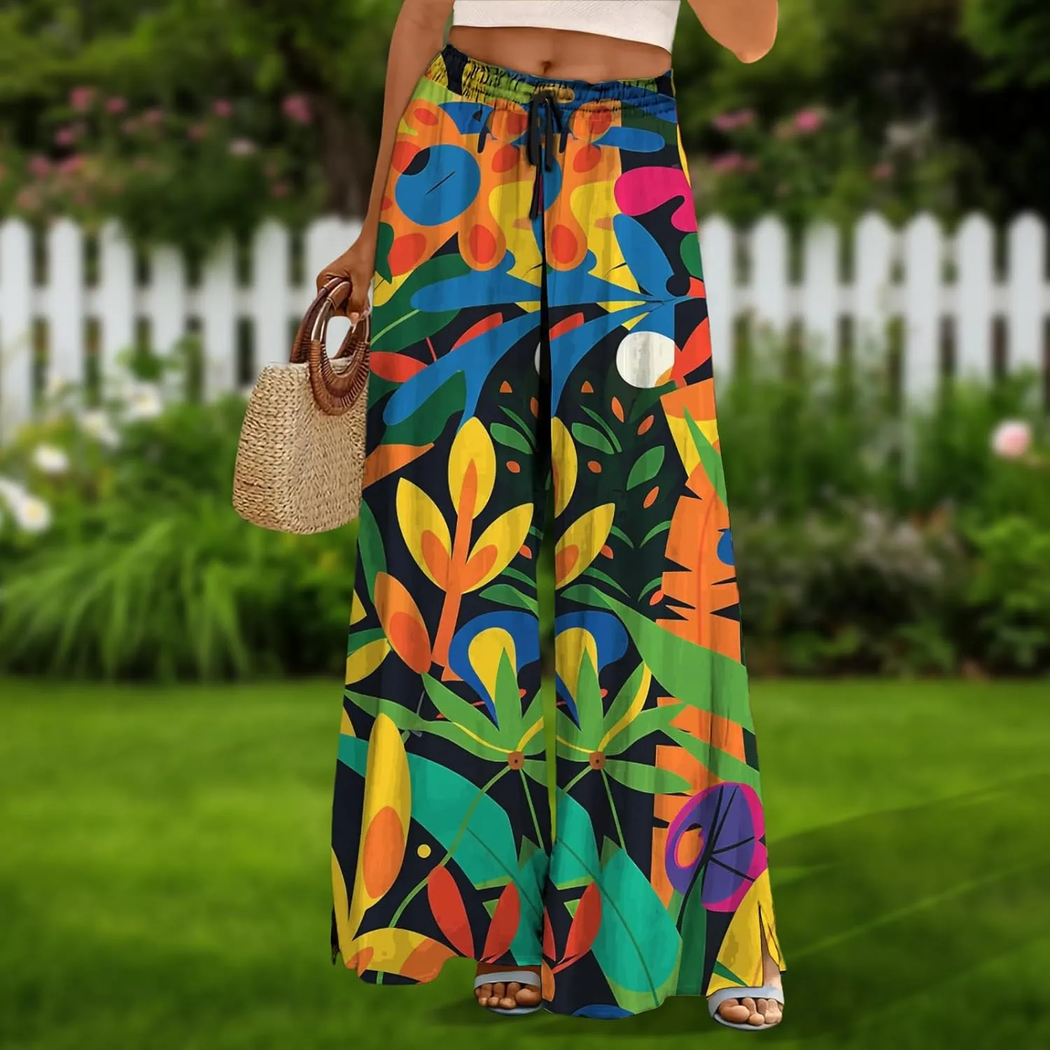 Wide Leg Pants for Women High Waist Stretch Palazzo Pants Loose Casual Summer Boho Flowy Lounge Trousers with Pockets