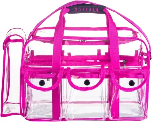 Wide Opening Large Professional Clear PVC Travel Makeup Artist Set Bag Cosmetic Nails Beauty Bags Transparent Vinyl Tool Organizer Beach Bags Diaper Bag with 6 External Pockets & Strap (Pink)
