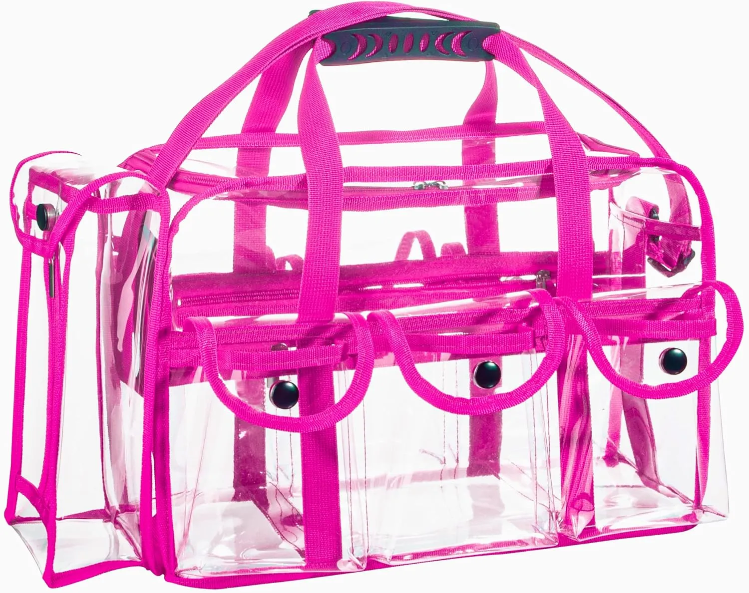 Wide Opening Large Professional Clear PVC Travel Makeup Artist Set Bag Cosmetic Nails Beauty Bags Transparent Vinyl Tool Organizer Beach Bags Diaper Bag with 6 External Pockets & Strap (Pink)