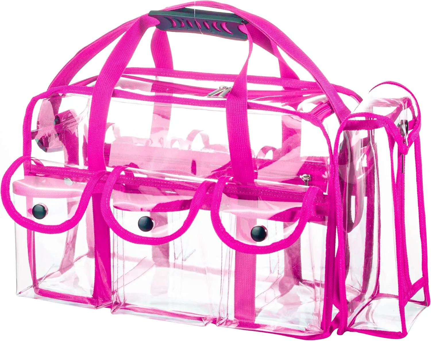 Wide Opening Large Professional Clear PVC Travel Makeup Artist Set Bag Cosmetic Nails Beauty Bags Transparent Vinyl Tool Organizer Beach Bags Diaper Bag with 6 External Pockets & Strap (Pink)