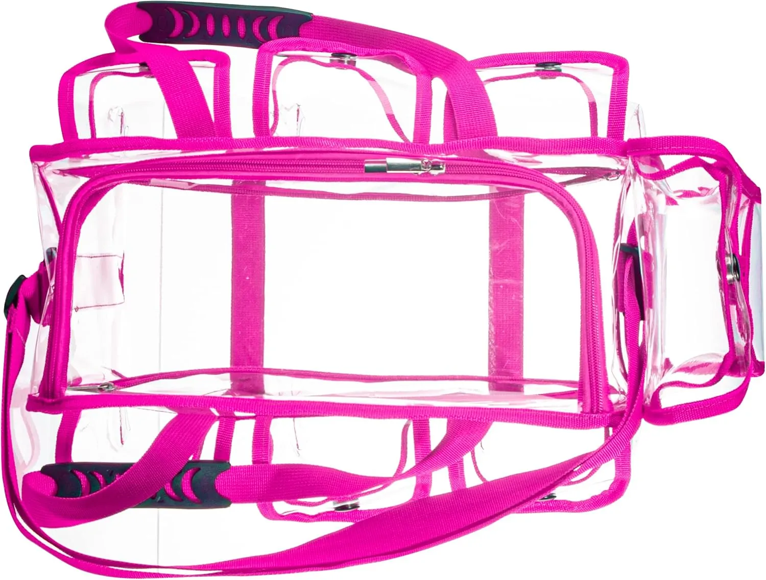 Wide Opening Large Professional Clear PVC Travel Makeup Artist Set Bag Cosmetic Nails Beauty Bags Transparent Vinyl Tool Organizer Beach Bags Diaper Bag with 6 External Pockets & Strap (Pink)