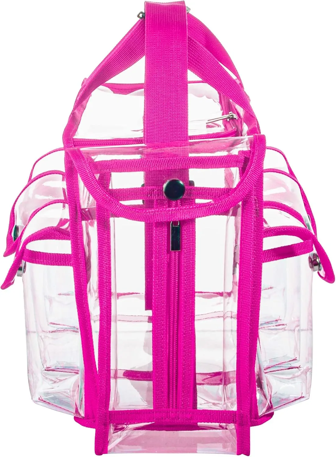 Wide Opening Large Professional Clear PVC Travel Makeup Artist Set Bag Cosmetic Nails Beauty Bags Transparent Vinyl Tool Organizer Beach Bags Diaper Bag with 6 External Pockets & Strap (Pink)