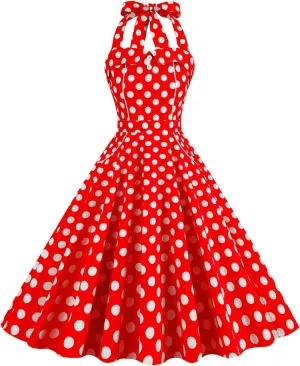 Women 1950s Dresses Vintage Spaghetti Strap Halter Polka Dot Swing A Line Midi Dress Cocktail Party Evening Prom Gown