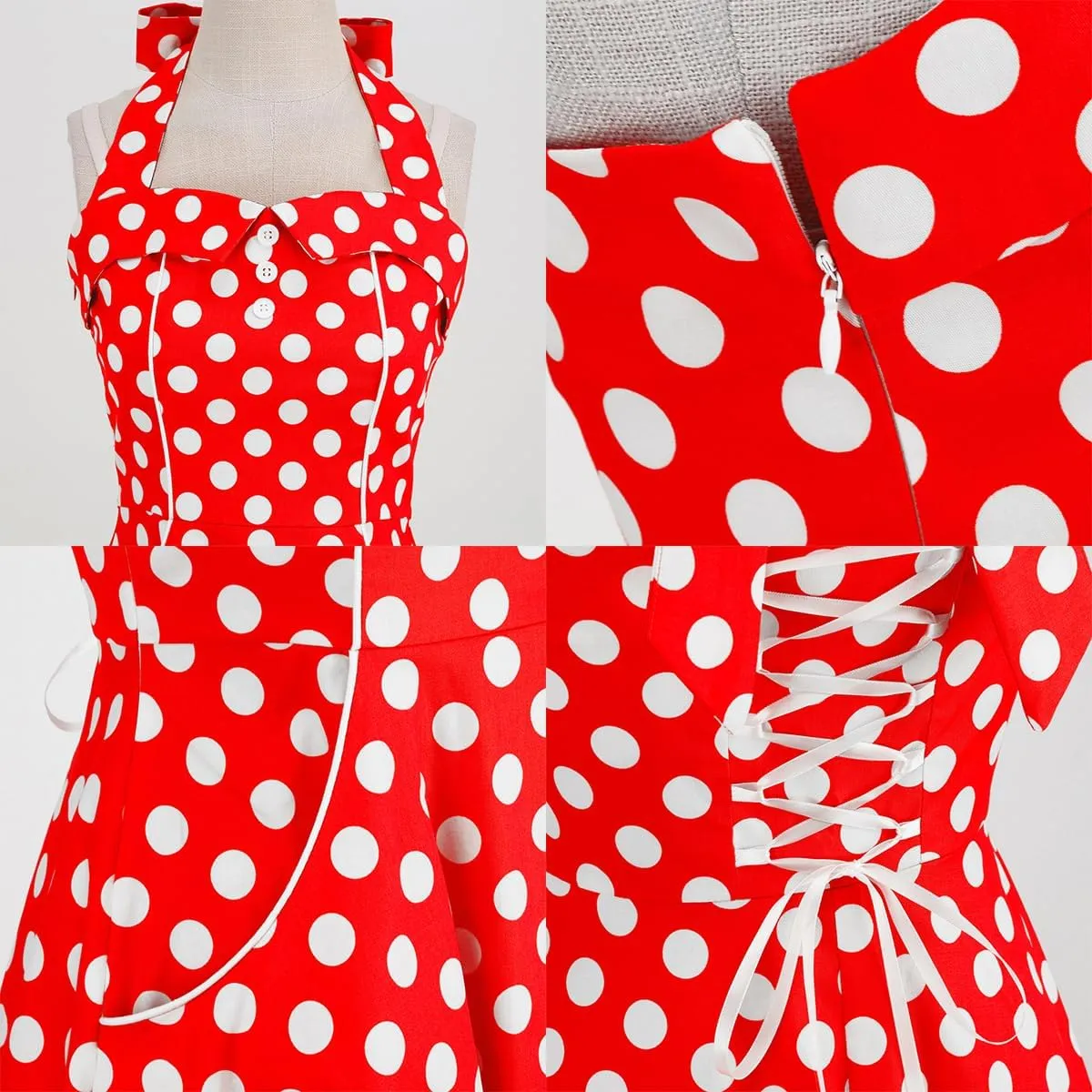 Women 1950s Dresses Vintage Spaghetti Strap Halter Polka Dot Swing A Line Midi Dress Cocktail Party Evening Prom Gown