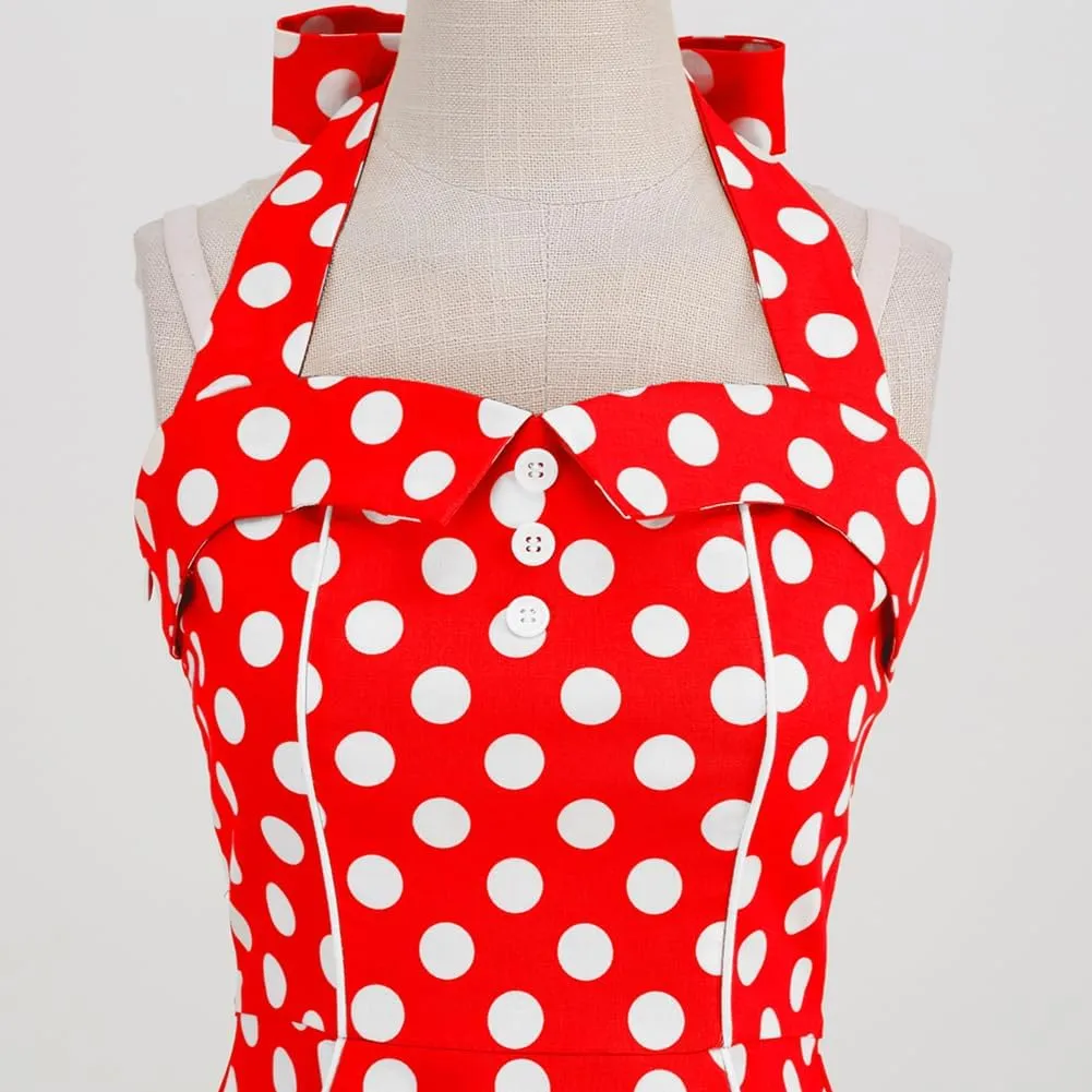 Women 1950s Dresses Vintage Spaghetti Strap Halter Polka Dot Swing A Line Midi Dress Cocktail Party Evening Prom Gown