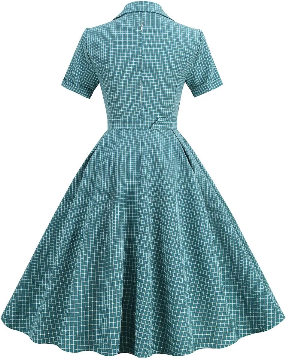 Women 1950s Vintage Short Sleeve Peter Pan Collar Retro Swing A Line Midi Summer Dress Cocktail Party Evening Prom Gown