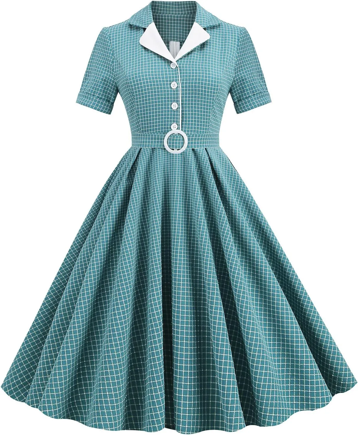Women 1950s Vintage Short Sleeve Peter Pan Collar Retro Swing A Line Midi Summer Dress Cocktail Party Evening Prom Gown