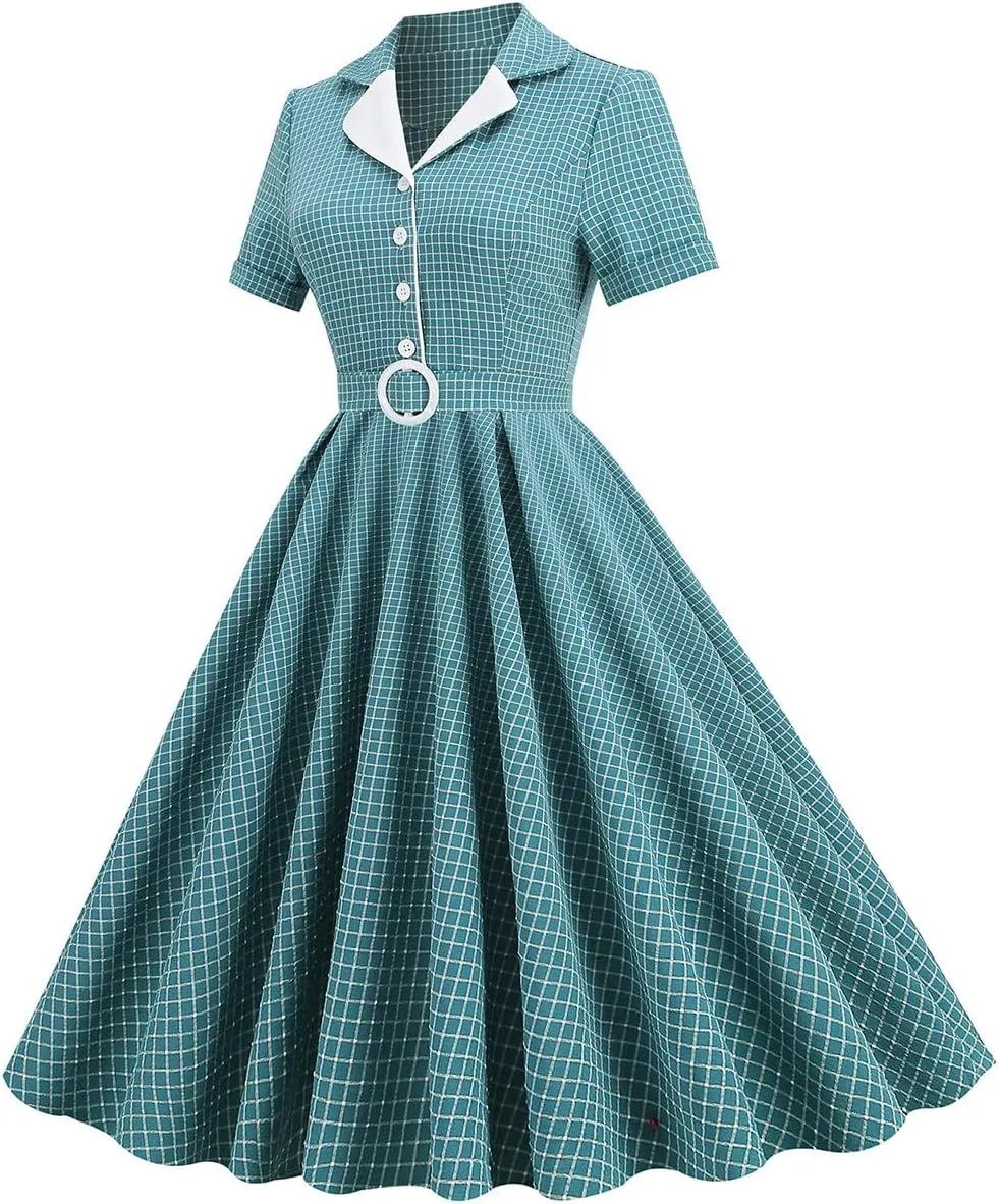 Women 1950s Vintage Short Sleeve Peter Pan Collar Retro Swing A Line Midi Summer Dress Cocktail Party Evening Prom Gown