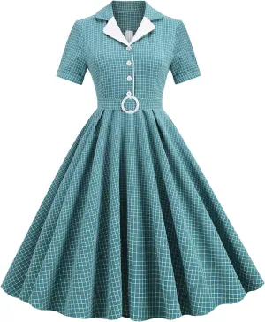 Women 1950s Vintage Short Sleeve Peter Pan Collar Retro Swing A Line Midi Summer Dress Cocktail Party Evening Prom Gown