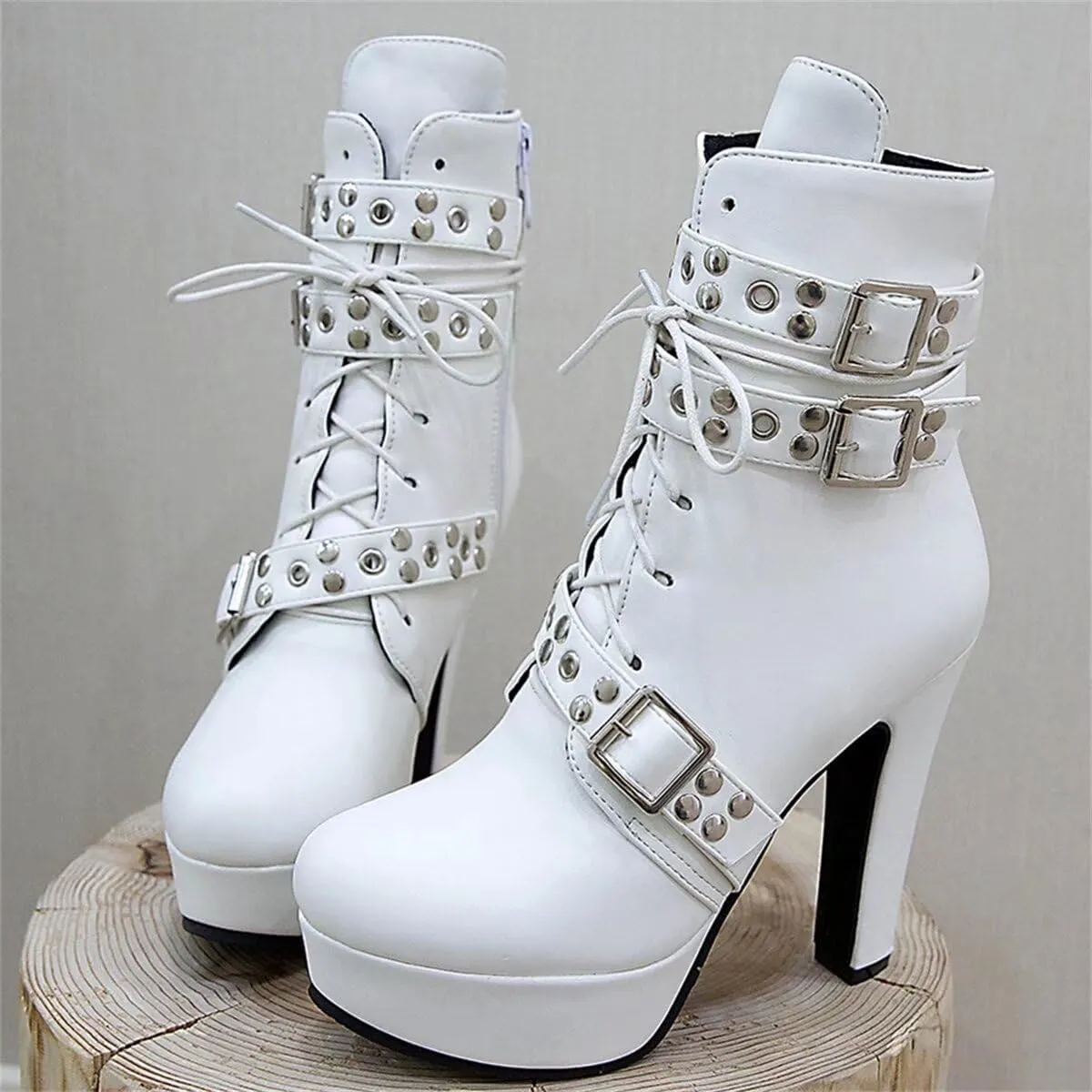 Women Ankle Boots Platform Lace Up High Heel Short Boot Female Buckle Autumn Winter Shoes Unisex Large Size