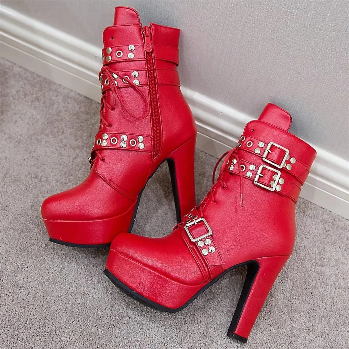 Women Ankle Boots Platform Lace Up High Heel Short Boot Female Buckle Autumn Winter Shoes Unisex Large Size