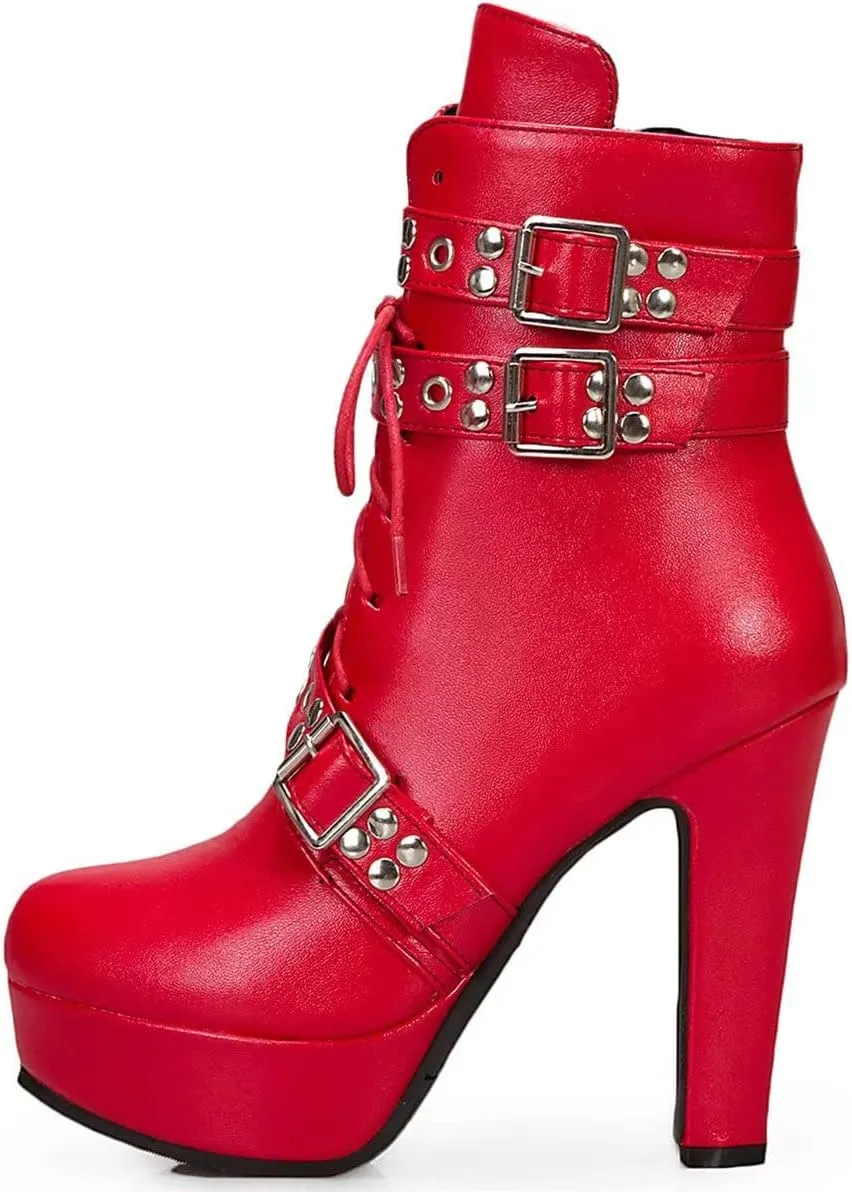 Women Ankle Boots Platform Lace Up High Heel Short Boot Female Buckle Autumn Winter Shoes Unisex Large Size