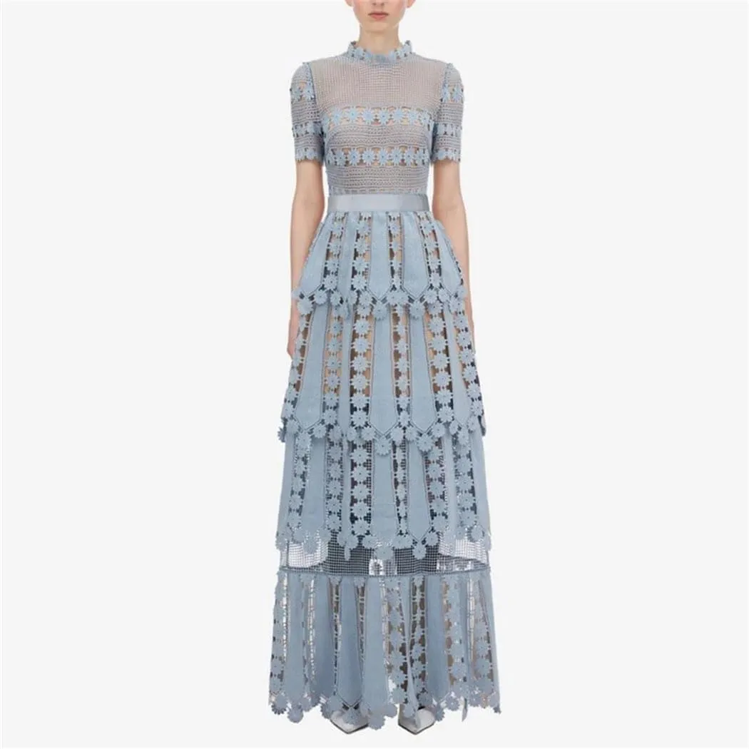 Women Backless Lace Cutout Dress Summer Stand Collar Short Sleeve Slim Sexy Temperament Evening Dresses