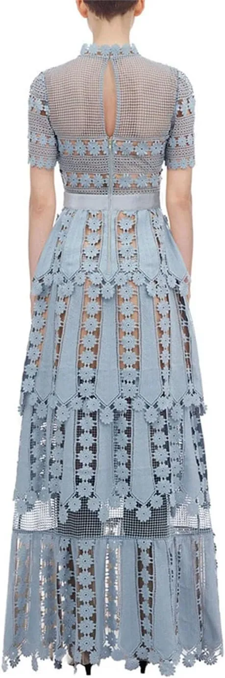 Women Backless Lace Cutout Dress Summer Stand Collar Short Sleeve Slim Sexy Temperament Evening Dresses