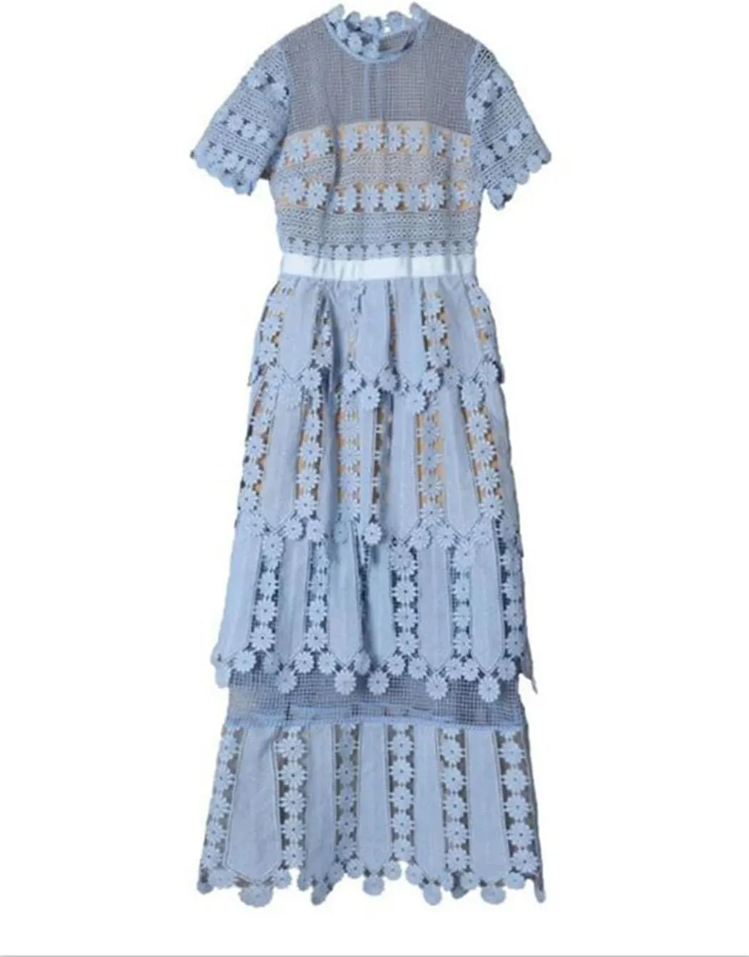 Women Backless Lace Cutout Dress Summer Stand Collar Short Sleeve Slim Sexy Temperament Evening Dresses