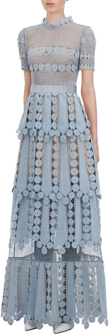 Women Backless Lace Cutout Dress Summer Stand Collar Short Sleeve Slim Sexy Temperament Evening Dresses