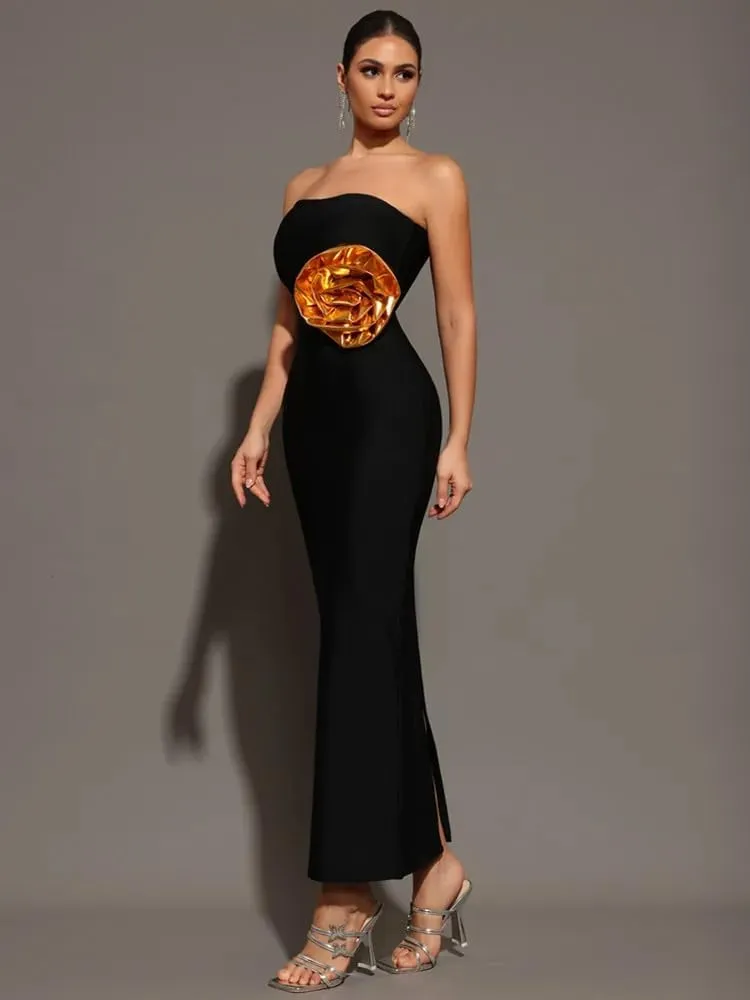 Women Black Party Dress Elegant Strapless Ankle Length Slim with Gold Big Flower One Piece Celebrity Evening Gowns