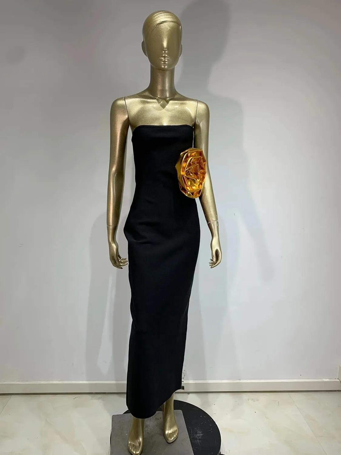 Women Black Party Dress Elegant Strapless Ankle Length Slim with Gold Big Flower One Piece Celebrity Evening Gowns