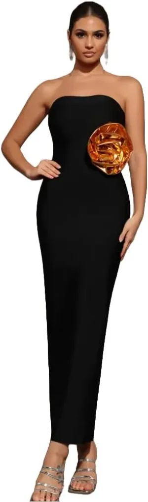 Women Black Party Dress Elegant Strapless Ankle Length Slim with Gold Big Flower One Piece Celebrity Evening Gowns