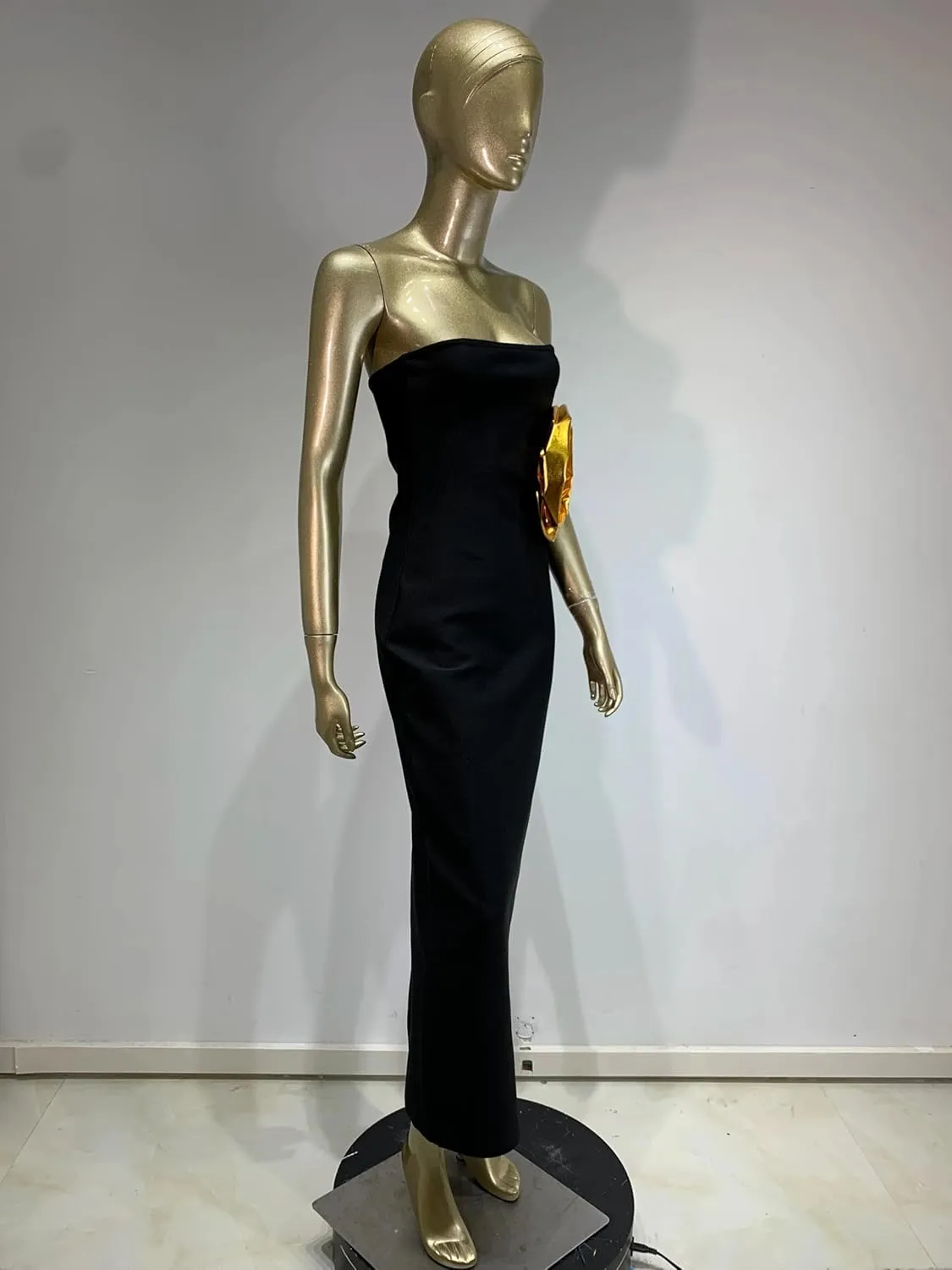 Women Black Party Dress Elegant Strapless Ankle Length Slim with Gold Big Flower One Piece Celebrity Evening Gowns