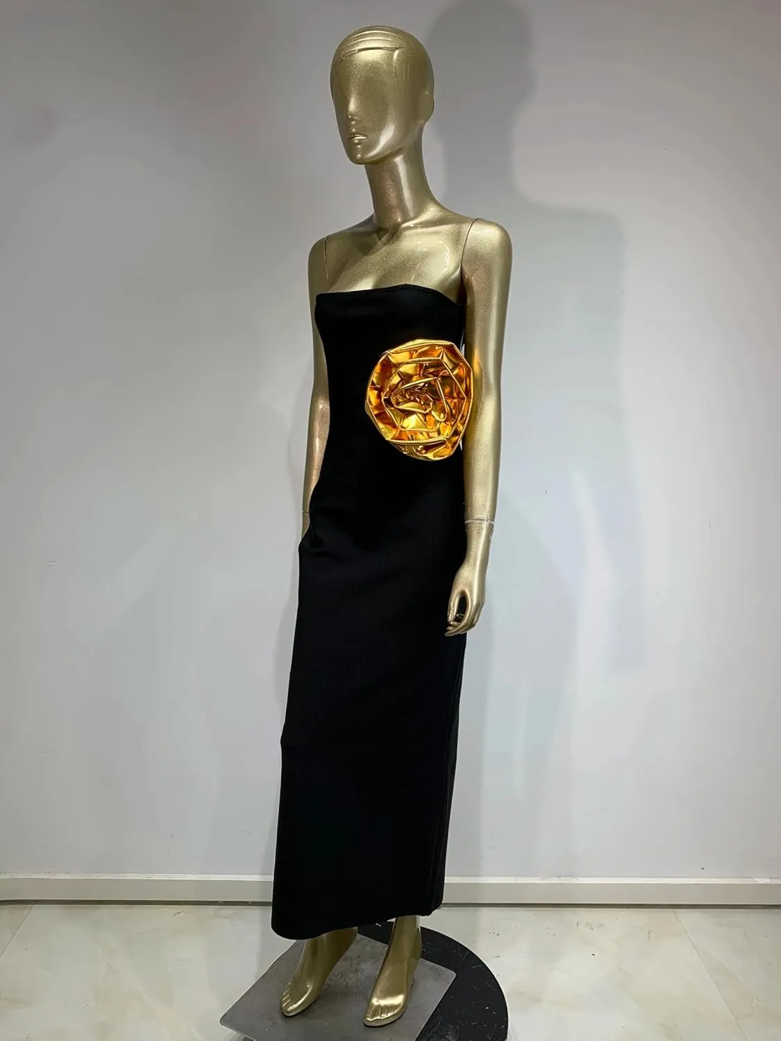 Women Black Party Dress Elegant Strapless Ankle Length Slim with Gold Big Flower One Piece Celebrity Evening Gowns