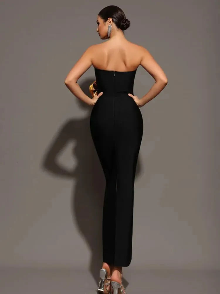 Women Black Party Dress Elegant Strapless Ankle Length Slim with Gold Big Flower One Piece Celebrity Evening Gowns