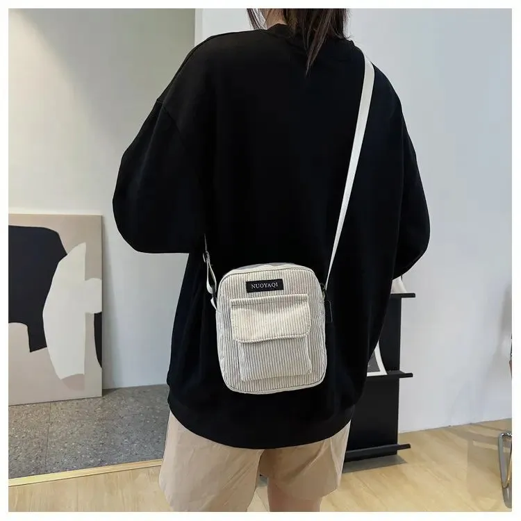 Women Corduroy Shoulder Bags Striped Cloth Fabric Handbags Casual Zip Tote Canvas Crossbody Bag Cute Shopping Bag for Ladies