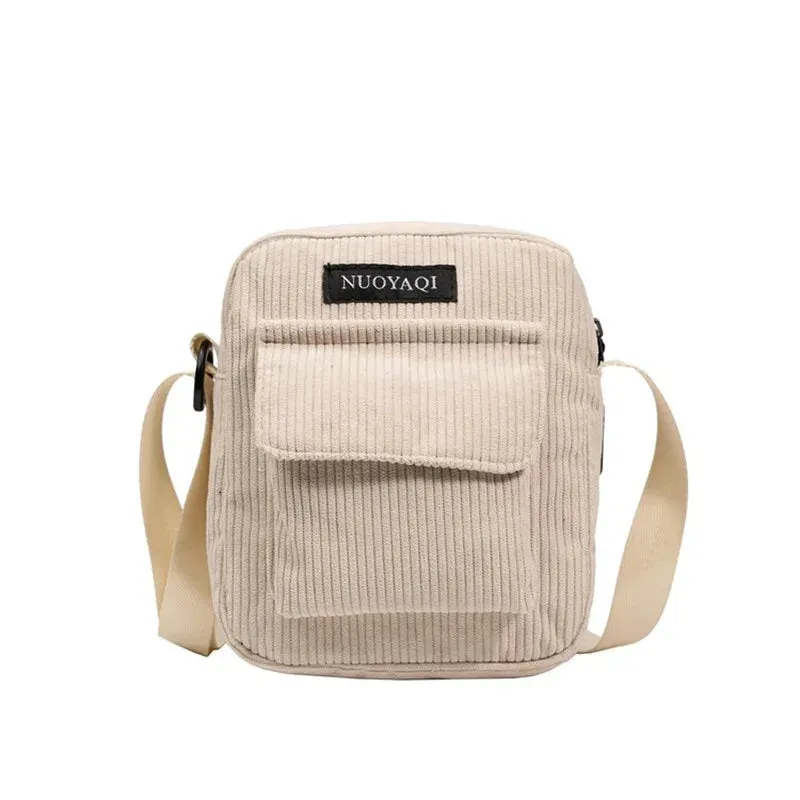 Women Corduroy Shoulder Bags Striped Cloth Fabric Handbags Casual Zip Tote Canvas Crossbody Bag Cute Shopping Bag for Ladies