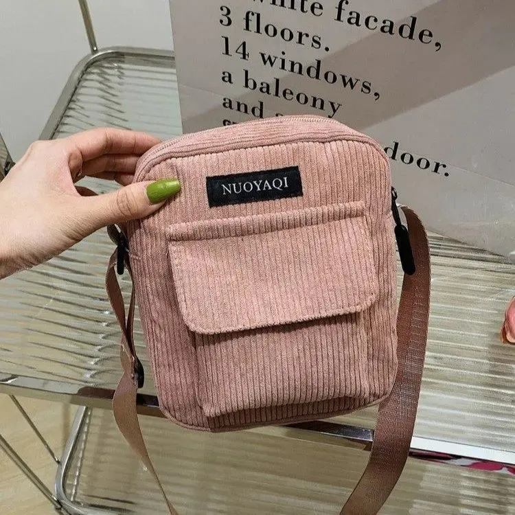 Women Corduroy Shoulder Bags Striped Cloth Fabric Handbags Casual Zip Tote Canvas Crossbody Bag Cute Shopping Bag for Ladies