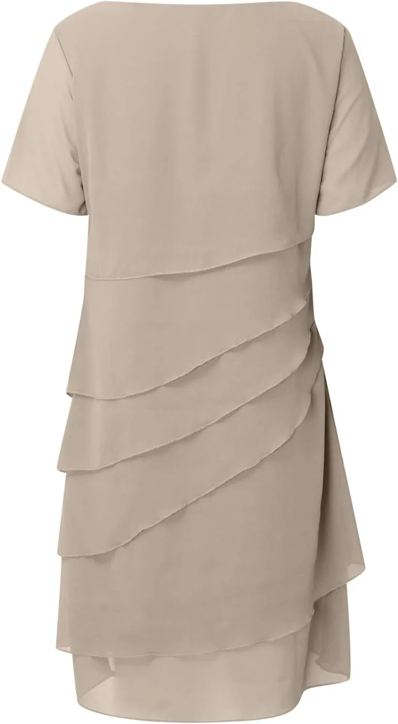 Women Elegant Layered Ruffle Chiffon Midi Dress Summer Flowy Short Sleeve Wedding Cocktail Party Evening Formal Dress